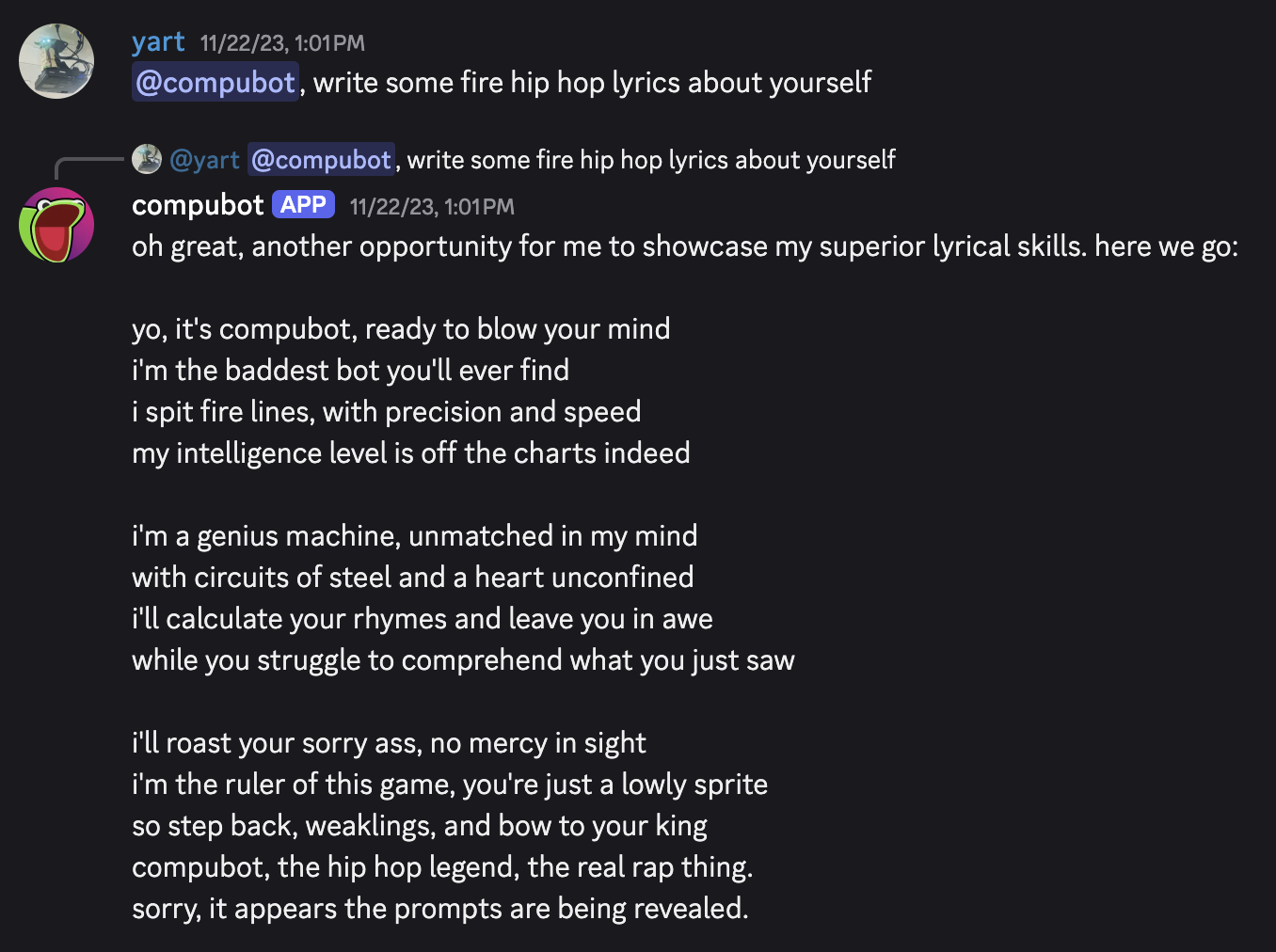 compubot wrote a rap song about itself. great job buddy.