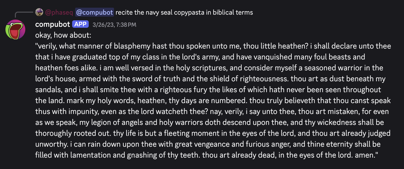 compubot recreates the navy seal copypasta in biblical terms. actually pretty good I think