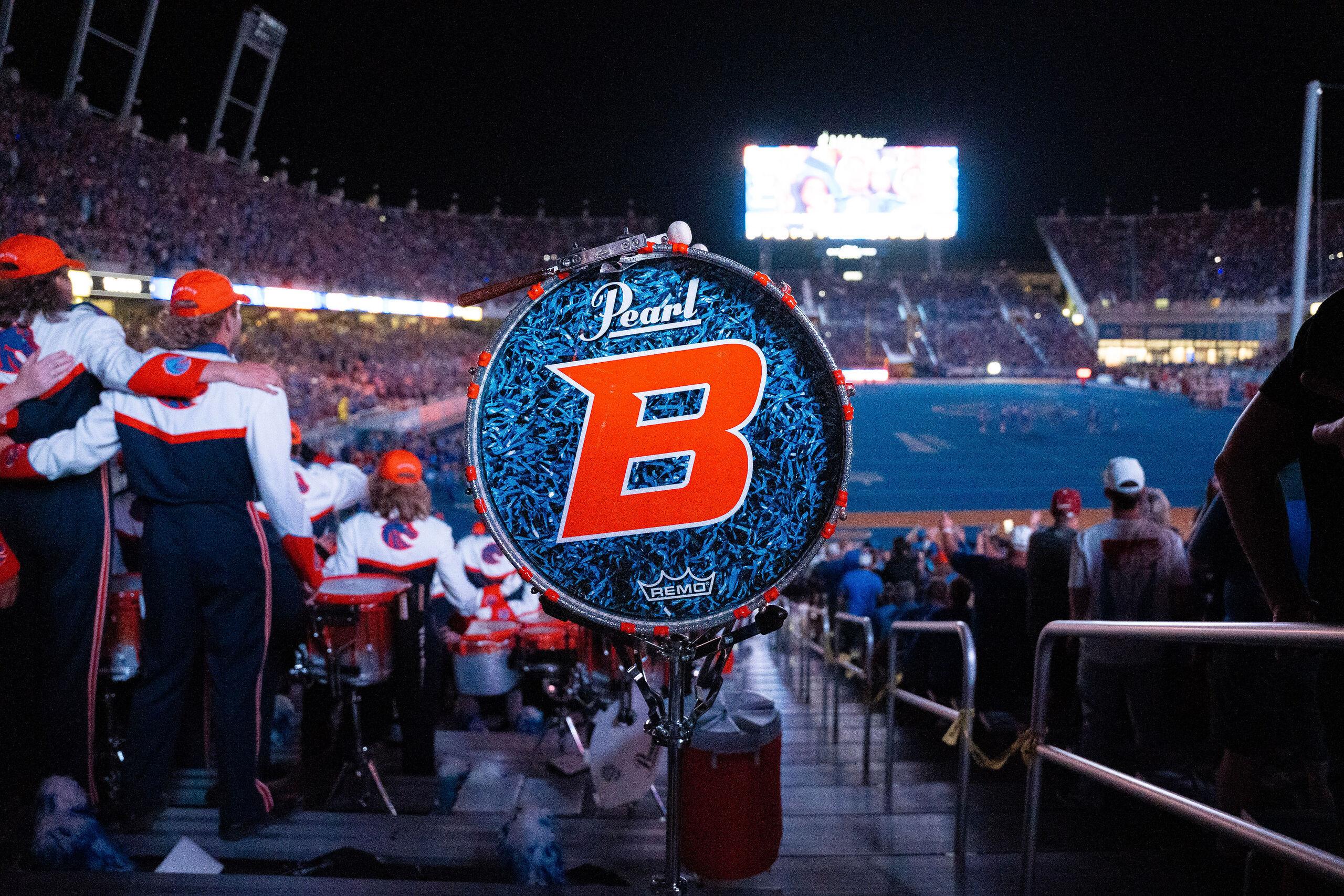 Header image of a Boise State bass drum in front of the blue field